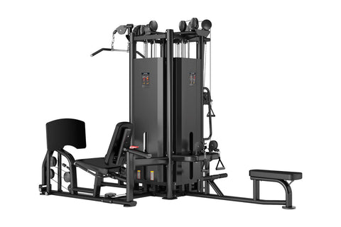 Black multi-station home gym with four weight stacks, cable pulleys, leg press, and adjustable bench on white background