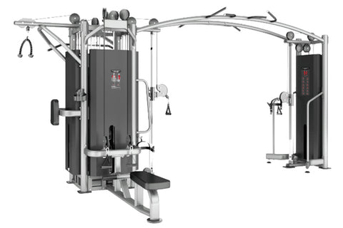Warrior Deluxe Commercial Series 5-Stack Multi-Station Gym with black upholstered columns, silver metal frame, and multiple e