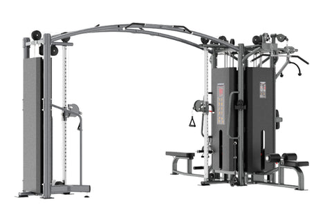Warrior Deluxe Commercial Series 5-Stack Multi-Station Gym with black upholstered columns, silver metal frame, and multiple e