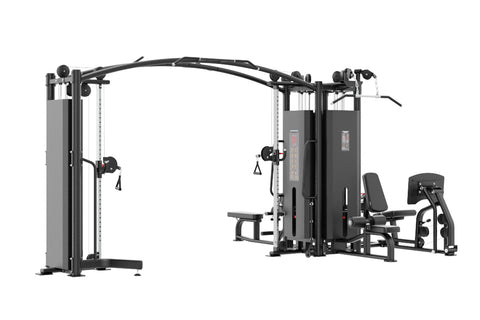 Warrior Pro Commercial Series 5-Stack Multi-Station Gym with black frame and gray panels, featuring multiple exercise station