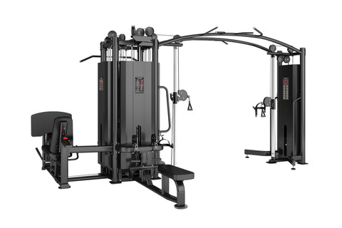 Warrior Pro Commercial Series 5-Stack Multi-Station Gym with black frame and gray panels, featuring multiple exercise station