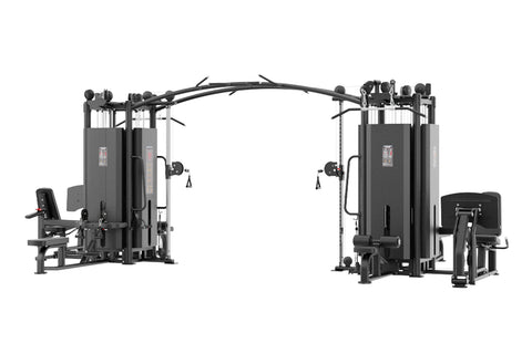 Black multi-station home gym with eight weight stacks, cable machines, and leg press attachment on white background