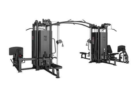 Black multi-station home gym with eight weight stacks, cable machines, and leg press attachment on white background