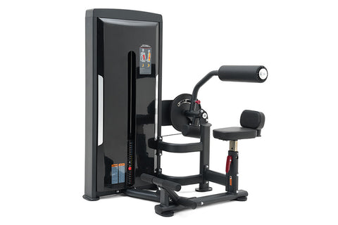 Warrior Pro Commercial Series black abdominal and back extension machine with digital display screen and padded seat, shown o