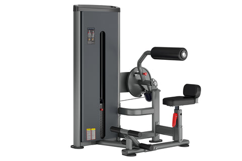 Warrior Deluxe commercial abdominal and back extension machine in gray with black padded seat and handles