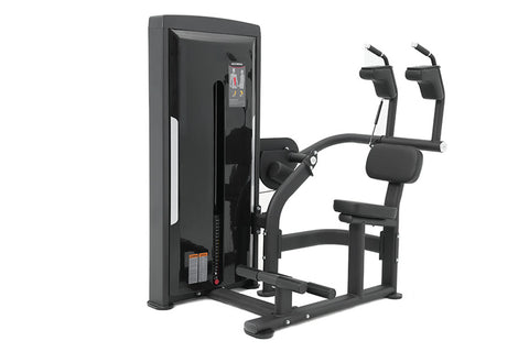 Black commercial abdominal crunch machine with padded seat, backrest, and leg extension handles on white background