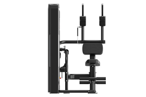 Black commercial abdominal crunch machine with padded seat, backrest, and leg extension handles on white background