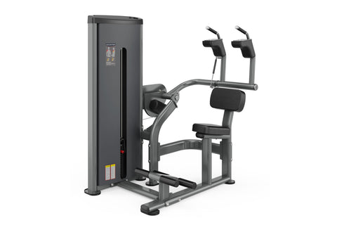 Gray and black commercial abdominal crunch machine with padded seat and leg extension, on white background