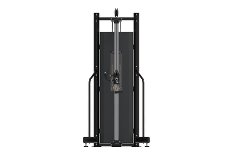 Black cable machine with adjustable pulley system, multiple weight stacks, and handles on white background