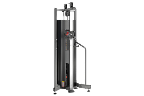 Warrior Deluxe Commercial Series dual pulley machine with gray frame, black weight stack, and foot platform on white backgrou