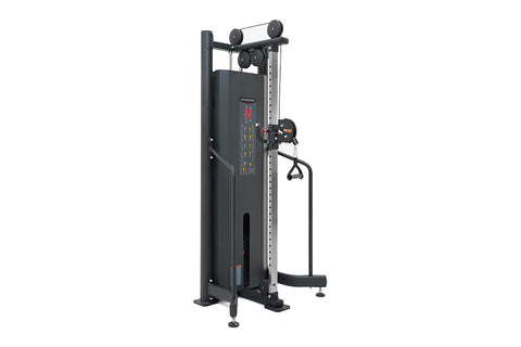 Black cable machine with adjustable pulley system, multiple weight stacks, and handles on white background