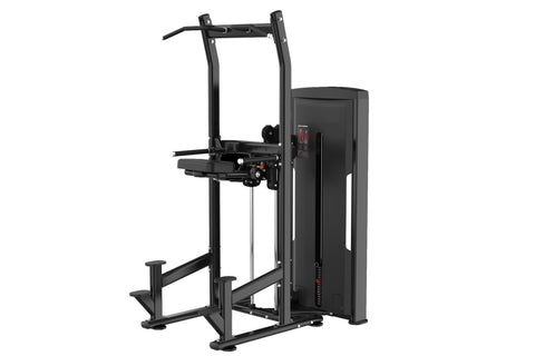 Black commercial assisted chin dip machine with vertical frame, padded seat, and weight stack on white background