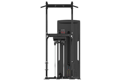 Black commercial assisted chin dip machine with vertical frame, padded seat, and weight stack on white background