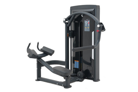 Black commercial rear kick machine with padded footrest, adjustable resistance lever, and digital display screen on white bac