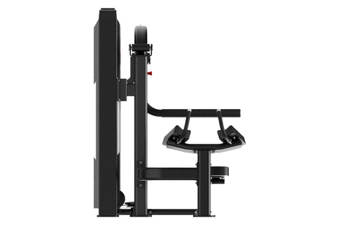 Black commercial rear kick machine with padded footrest, adjustable resistance lever, and digital display screen on white bac
