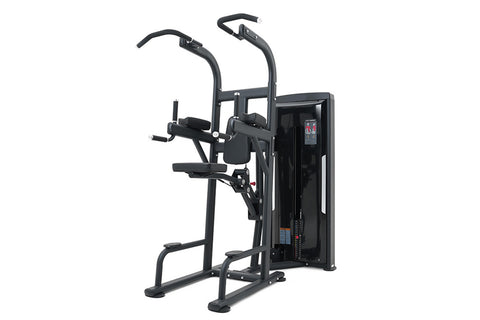 Black commercial assisted chin dip machine with dual handles, padded seat, and control panel on white background