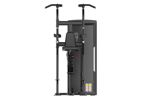 Black commercial assisted chin dip machine with dual handles, padded seat, and control panel on white background