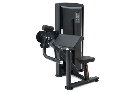 Black commercial biceps curl machine with padded seat and arm rest, digital display screen, on white background