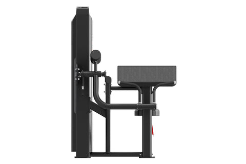Black commercial biceps curl machine with padded seat and arm rest, digital display screen, on white background
