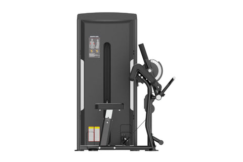 Black commercial biceps and triceps exercise machine with padded seat and backrest, digital display panel, on white backgroun