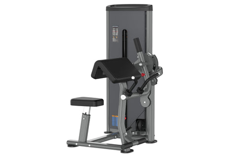 Warrior Deluxe Commercial Series biceps and triceps exercise machine with gray frame, black seat and arm pad, on white backgr