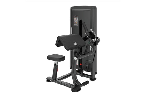 Black commercial biceps and triceps exercise machine with padded seat and backrest, digital display panel, on white backgroun