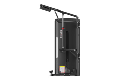 Black commercial calf raise machine with dual padded shoulder supports, adjustable height frame, and footplate on white backg
