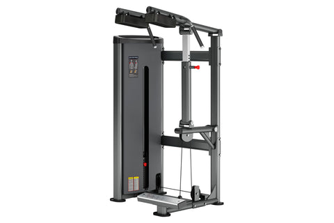 Gray and black commercial calf raise machine with padded shoulder supports, control panel, and red adjustment knob on white b