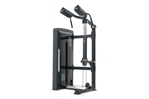 Black commercial calf raise machine with dual padded shoulder supports, adjustable height frame, and footplate on white backg