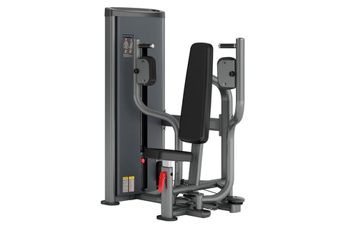 Warrior Deluxe Commercial Series Pectoral machine with gray frame, black padded seat and handles, on white background