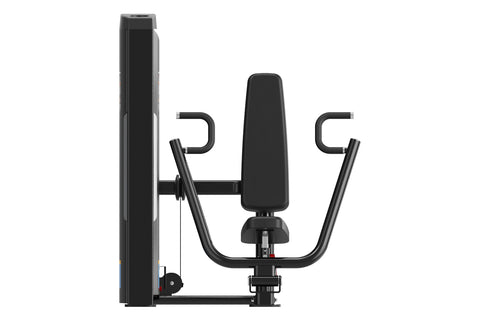Black commercial chest press machine with digital display, padded seat and armrests, on white background