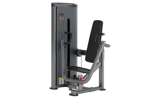Warrior Deluxe Commercial Series chest press machine with gray frame, black padded seat and backrest, and red accents on whit
