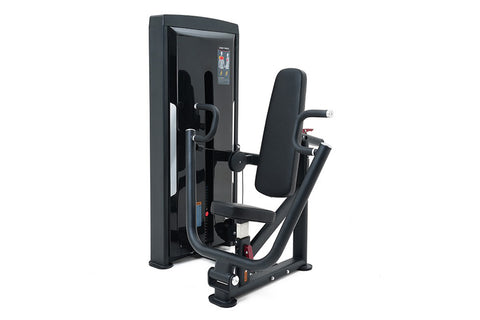 Black commercial chest press machine with digital display, padded seat and armrests, on white background