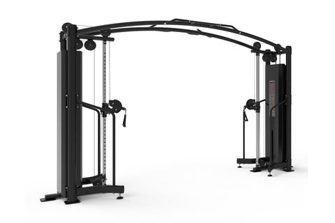 Black dual-station cable crossover machine with curved top bar, adjustable pulleys, and digital control panel on white backgr