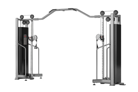 Warrior Deluxe Commercial Series dual cable crossover machine with silver frame, black pads, and adjustable pulleys on white 