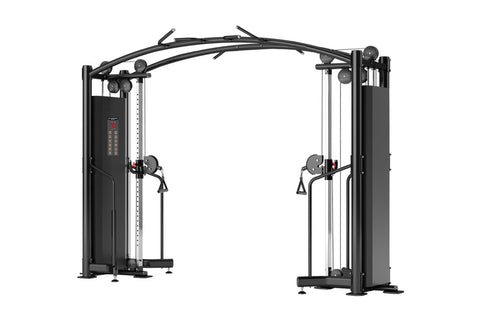 Black dual-station cable crossover machine with curved top bar, adjustable pulleys, and digital control panel on white backgr