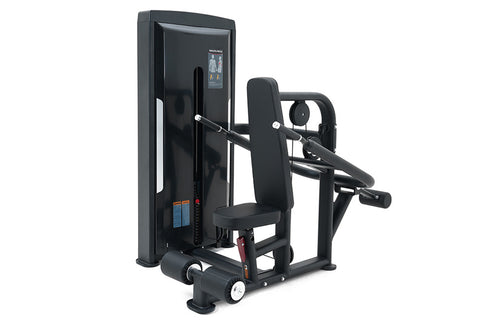 Black commercial dip press machine with padded seat and backrest, touchscreen display, and sturdy metal frame on white backgr