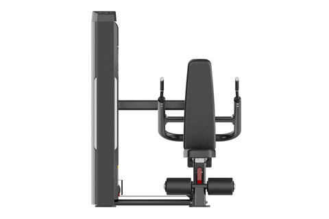 Black commercial dip press machine with padded seat and backrest, touchscreen display, and sturdy metal frame on white backgr