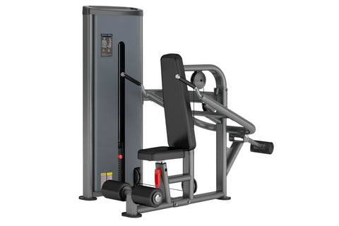 Warrior Deluxe Commercial Series Dip Press with gray frame, black padded seat and backrest, and weight stack on white backgro