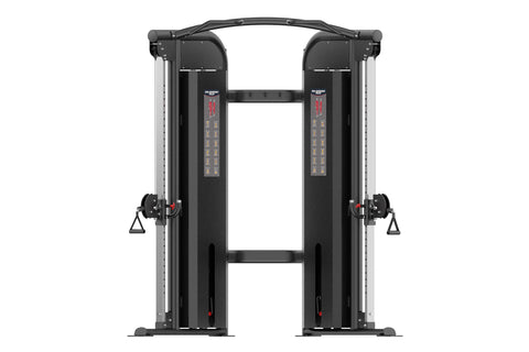 Warrior Pro Commercial Series dual adjustable pulley machine with black and silver frame, dual cable stations with handles, a