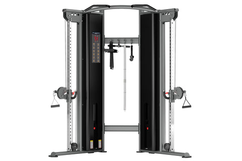 Black and gray dual cable machine with adjustable pulleys, weight stacks, and handles on white background
