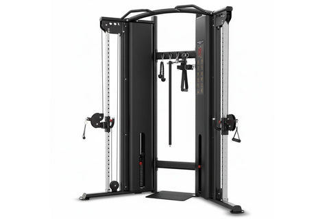 Black and gray dual cable machine with adjustable pulleys, weight stacks, and handles on white background