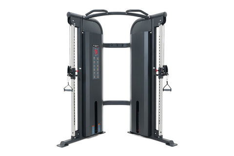 Warrior Pro Commercial Series dual adjustable pulley machine with black and silver frame, dual cable stations with handles, a