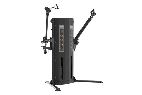 Black commercial dual-arm functional trainer with adjustable telescoping arms, pin-loaded weight stacks, and exercise illustr
