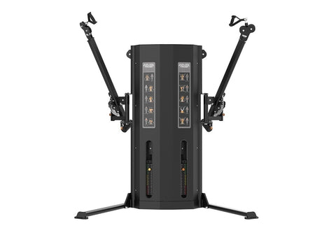 Black commercial dual-arm functional trainer with adjustable telescoping arms, pin-loaded weight stacks, and exercise illustr