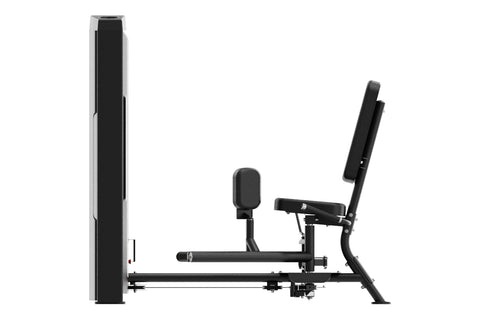 Black commercial hip abduction and adduction machine with padded seat and backrest, digital display panel, on white backgroun