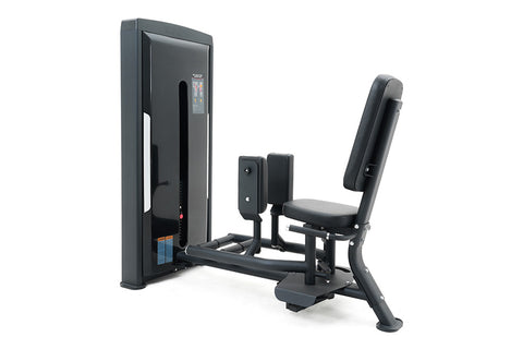 Black commercial hip abduction and adduction machine with padded seat and backrest, digital display panel, on white backgroun