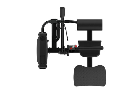 Black commercial hip thruster machine with padded seat, leg platform, and backrest on white background