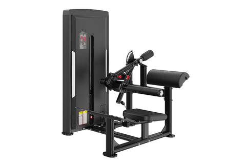 Black commercial hip thruster machine with padded seat, leg platform, and backrest on white background