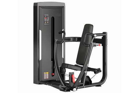 Black commercial chest press machine with padded seat and handles, red adjustment levers, on white background